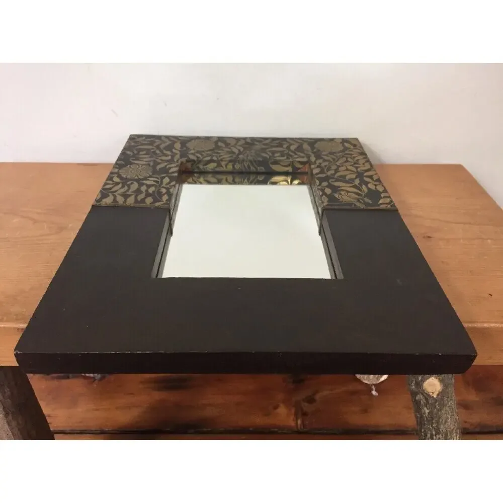 Vtg Asian Indian Style Framed Table Top Mirror Wooden Framed Floral Foil Accents